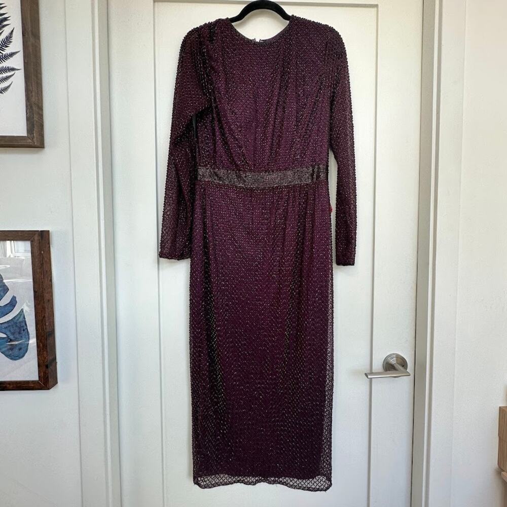 Mac Duggal Bugle Bead Long Sleeve Midi Dress – Eggplant Purple – Size 10 – NWOT - Picture 3 of 15